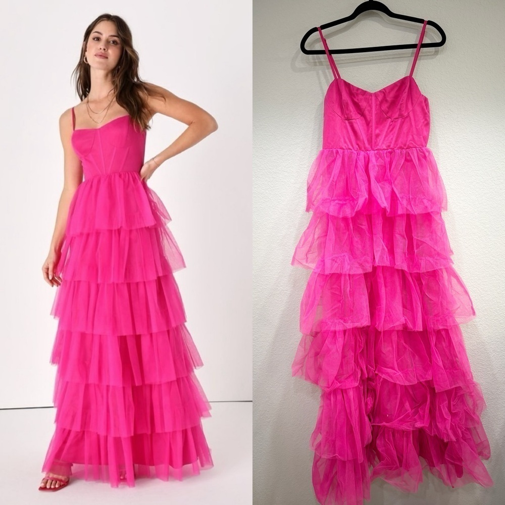 Size M Lulus Rule the Runway Hot Pink Tulle Bustier Tiered Maxi Dress Prom Dres